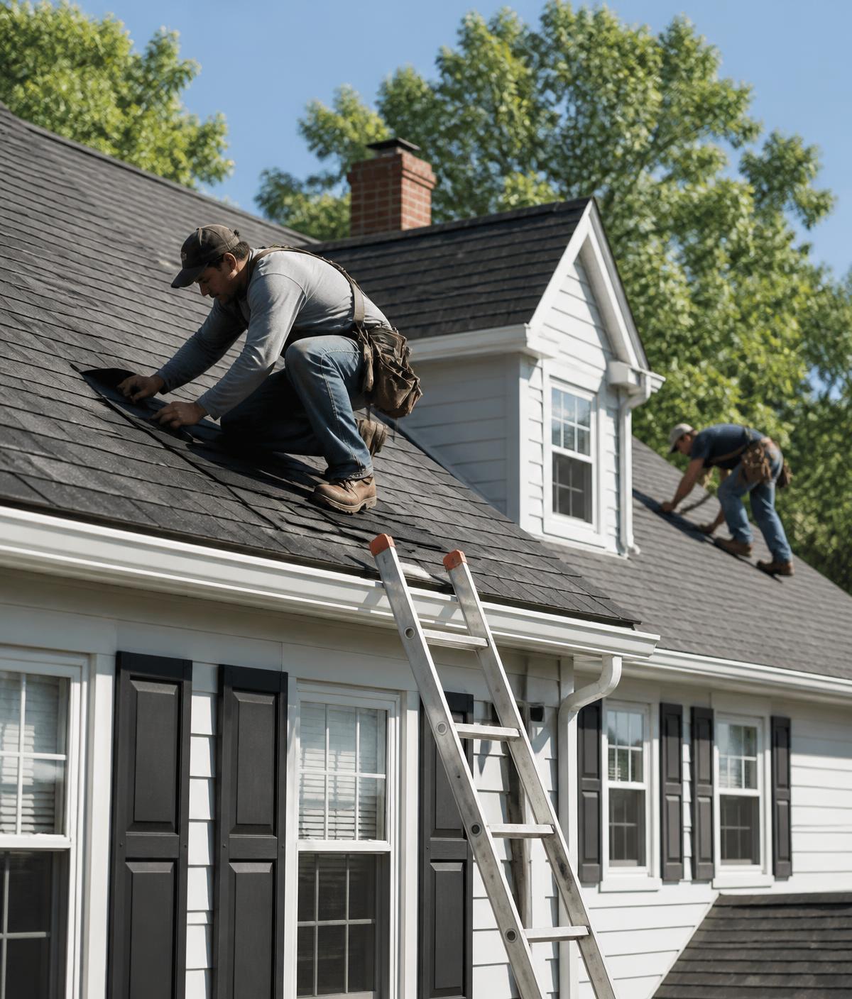Maple Roofing crew installing asphalt shingles on an Oakland County home