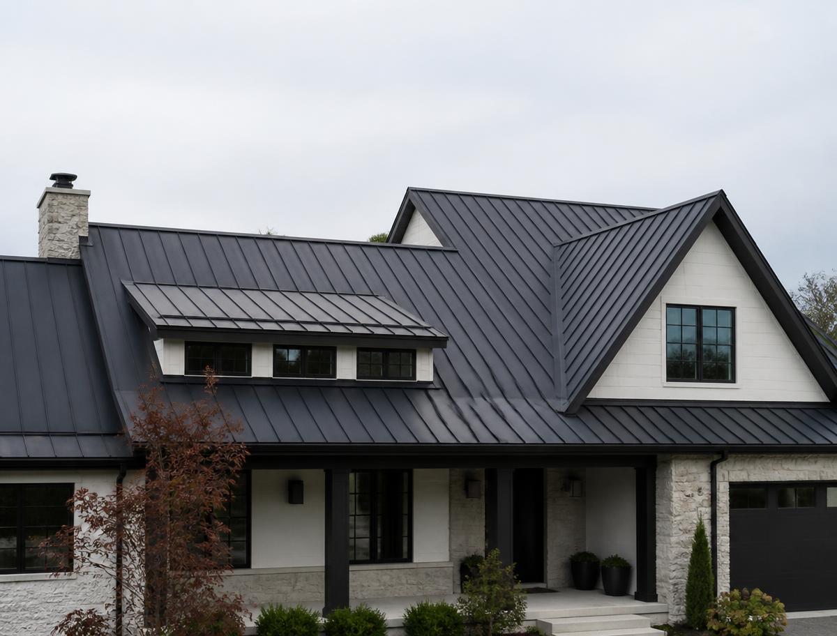 Modern farmhouse with a dark standing seam metal roof