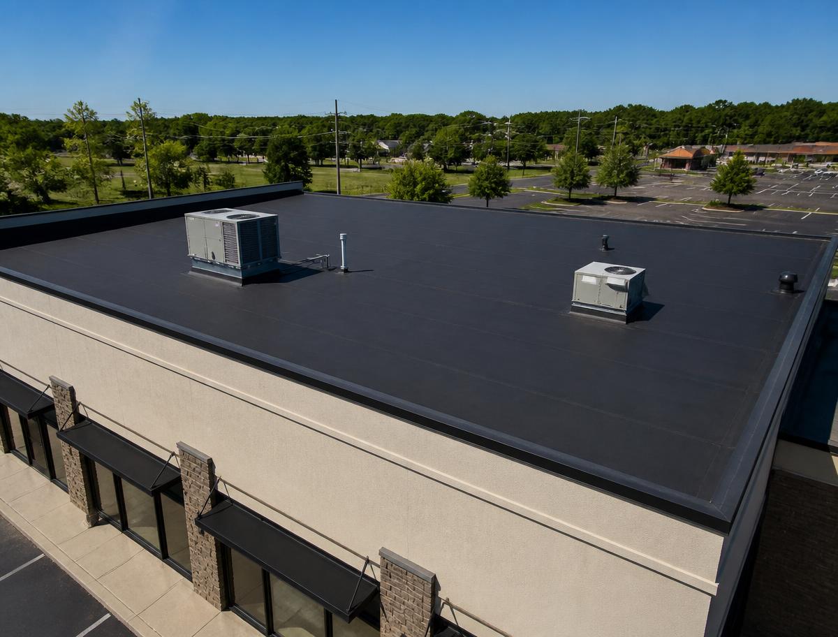 Newly installed rubber membrane roof on a commercial retail building