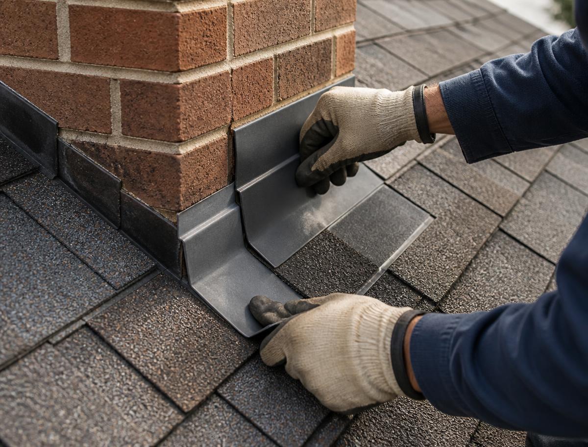 Roofer installing new metal step flashing at a brick chimney
